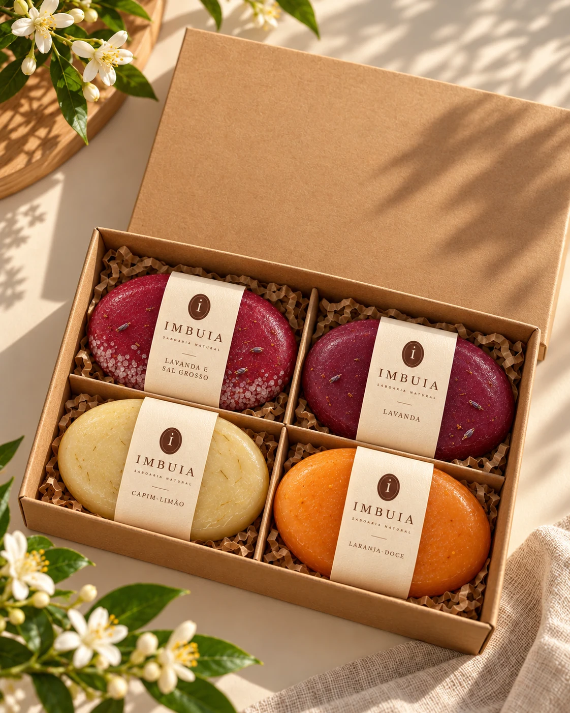 Kit Imbuia em caixa kraft com sabonetes de lavanda, lavanda e sal grosso, capim-limão e laranja-doce, entre folhas e flores.