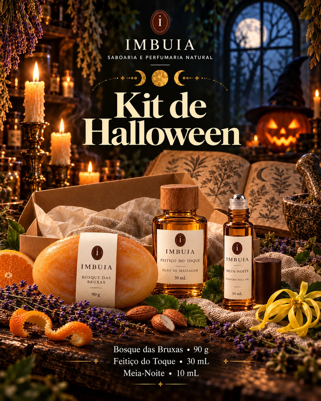 Kit Halloween Imbuia com sabonete Bosque das Bruxas, perfume roll-on Meia-Noite e óleo de massagem Feitiço do Toque em uma apotecária iluminada por velas.
